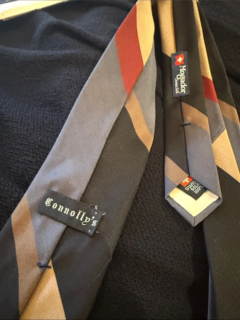 Striped Silk Tie in Gray, Black, Red and Tan